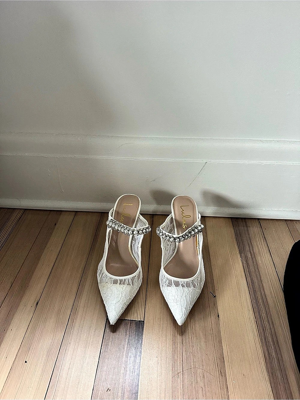 Lulus Ivory Lace Pearl Pointed-Toe Mule Pumps